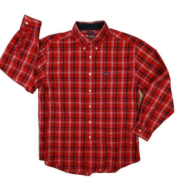 Chaps Ralph Lauren Vintage Easy Care Red‎ Navy Plaid Button Up size Large - Picture 1 of 6